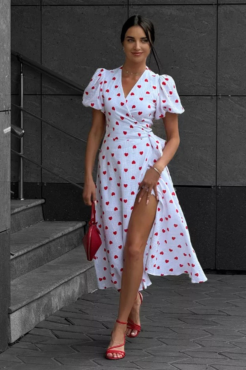 Cotton Print Tie Puff Sleeve Midi Dress