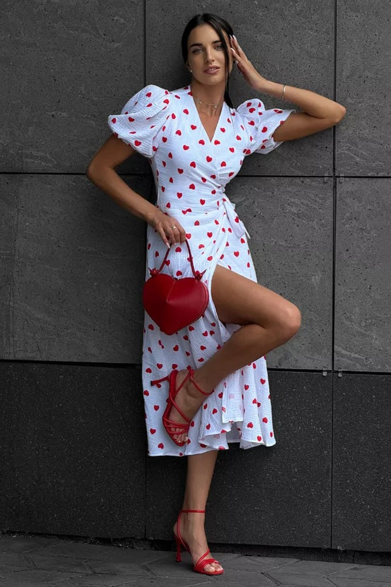 Cotton Print Tie Puff Sleeve Midi Dress