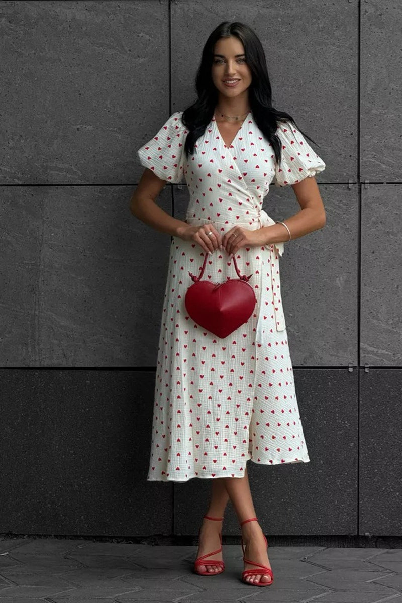 Cotton Print Tie Puff Sleeve Midi Dress