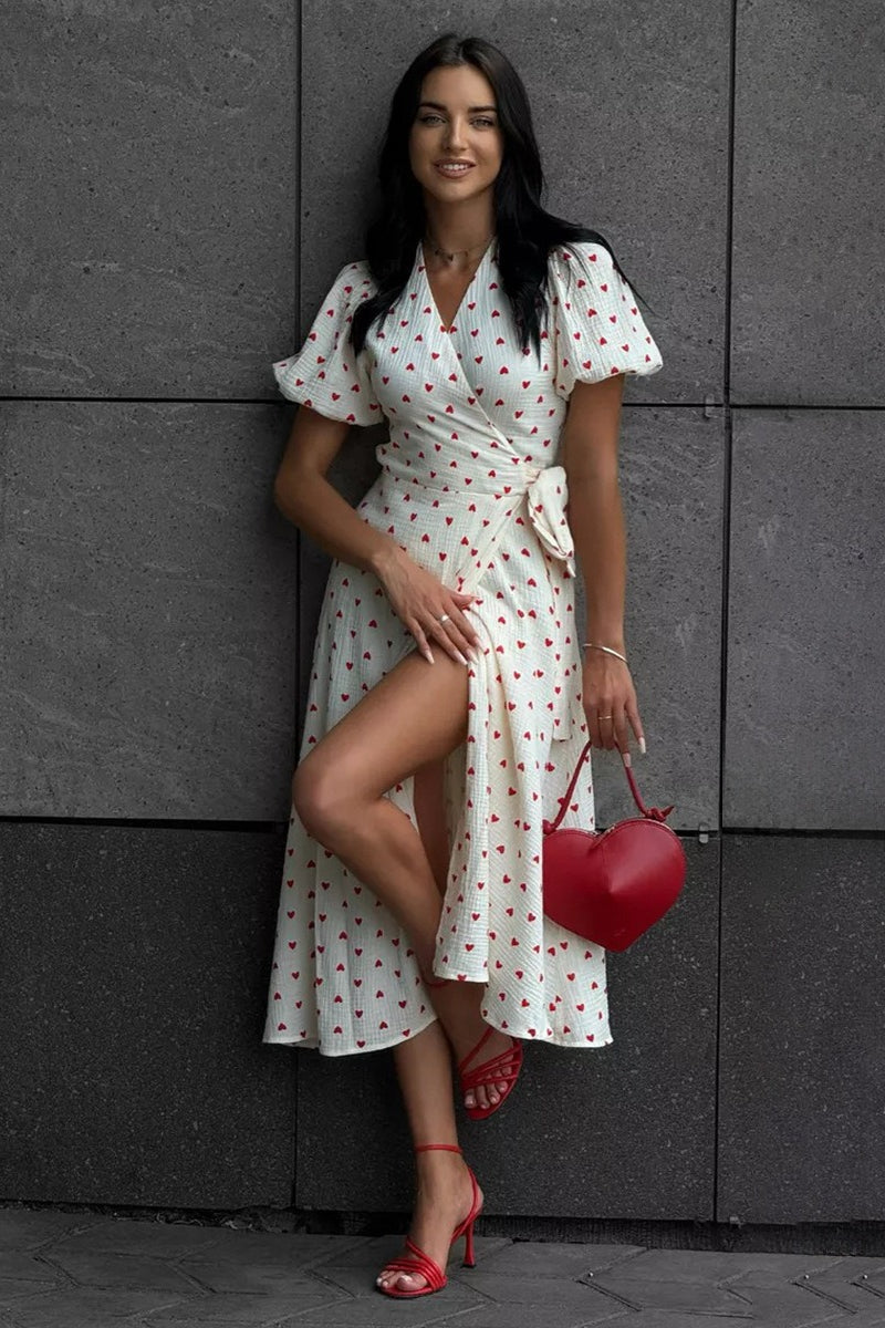 Cotton Print Tie Puff Sleeve Midi Dress