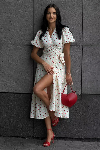 Cotton Print Tie Puff Sleeve Midi Dress