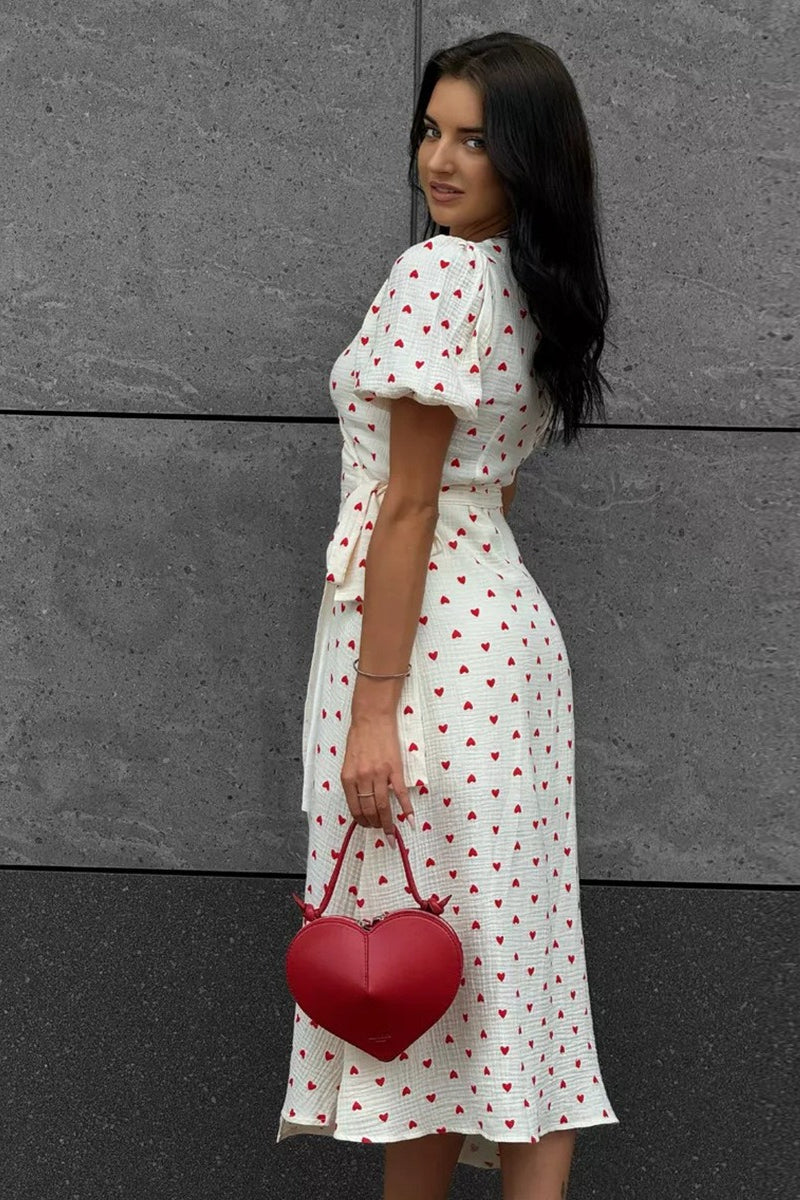 Cotton Print Tie Puff Sleeve Midi Dress