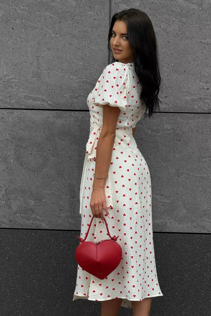 Cotton Print Tie Puff Sleeve Midi Dress