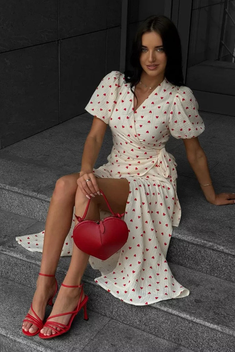 Cotton Print Tie Puff Sleeve Midi Dress