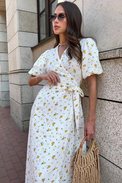 Cotton Printed Puff Sleeve Midi Dress