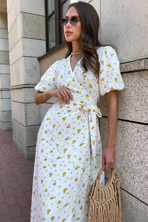 Cotton Printed Puff Sleeve Midi Dress