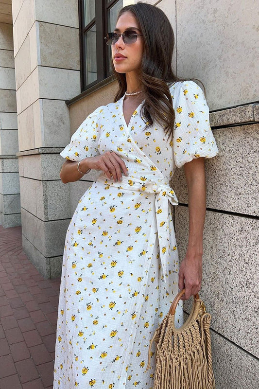Cotton Printed Puff Sleeve Midi Dress