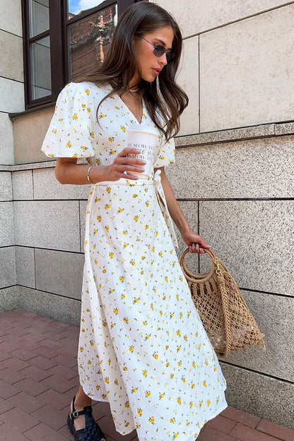 Cotton Printed Puff Sleeve Midi Dress