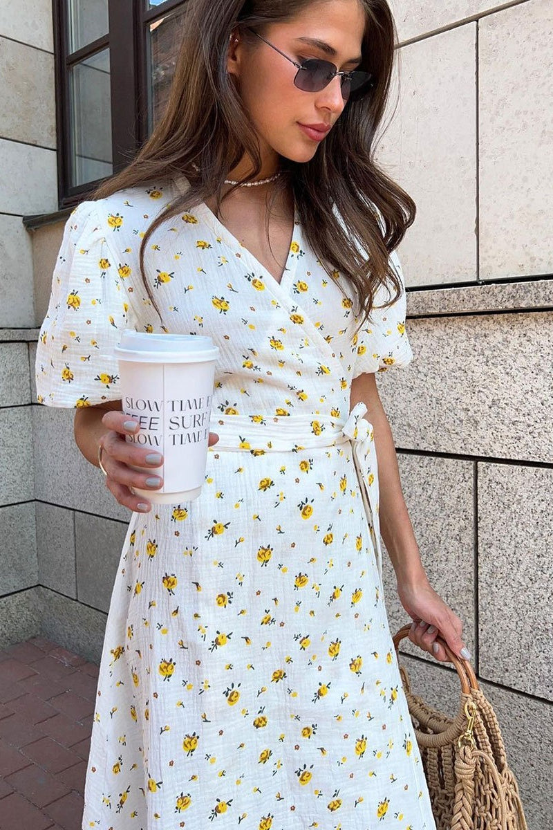 Cotton Printed Puff Sleeve Midi Dress