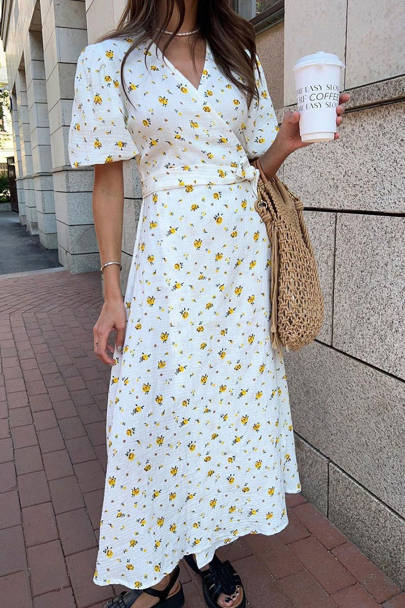Cotton Printed Puff Sleeve Midi Dress