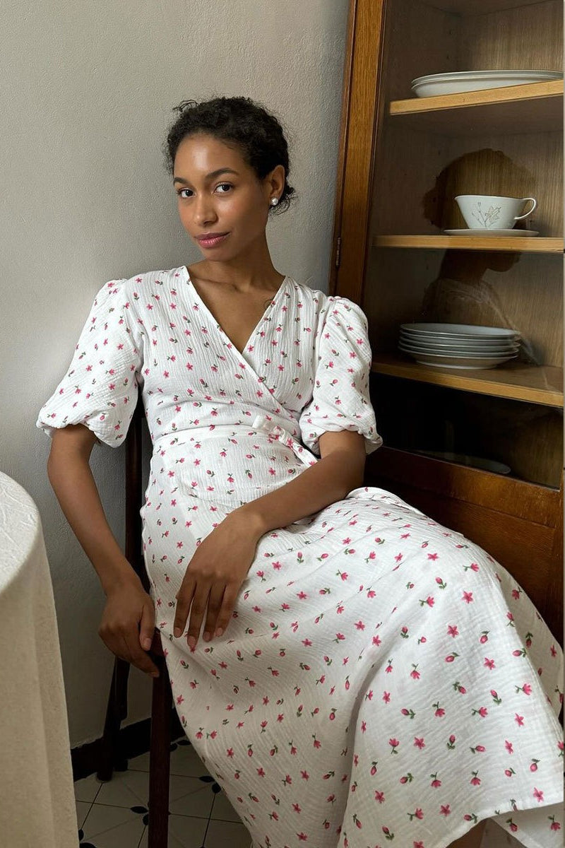 Cotton Printed Puff Sleeve Midi Dress