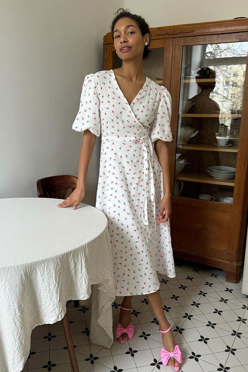 Cotton Printed Puff Sleeve Midi Dress