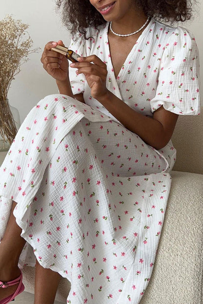 Cotton Printed Puff Sleeve Midi Dress