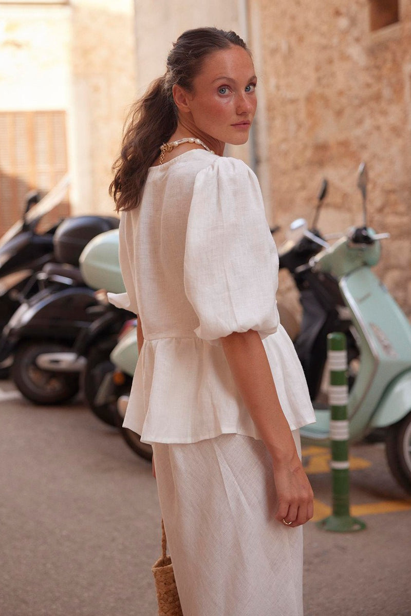Cotton Puff Sleeve Shirt Skirt Set