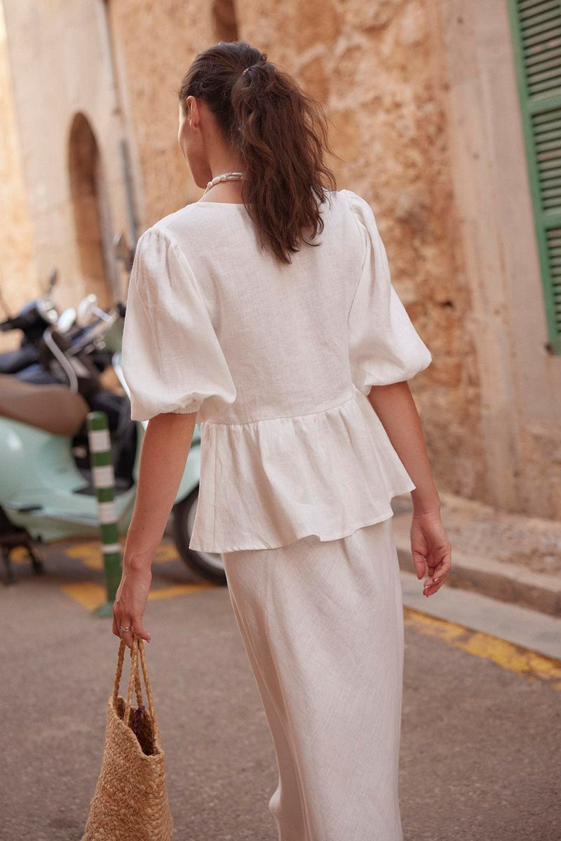 Cotton Puff Sleeve Shirt Skirt Set