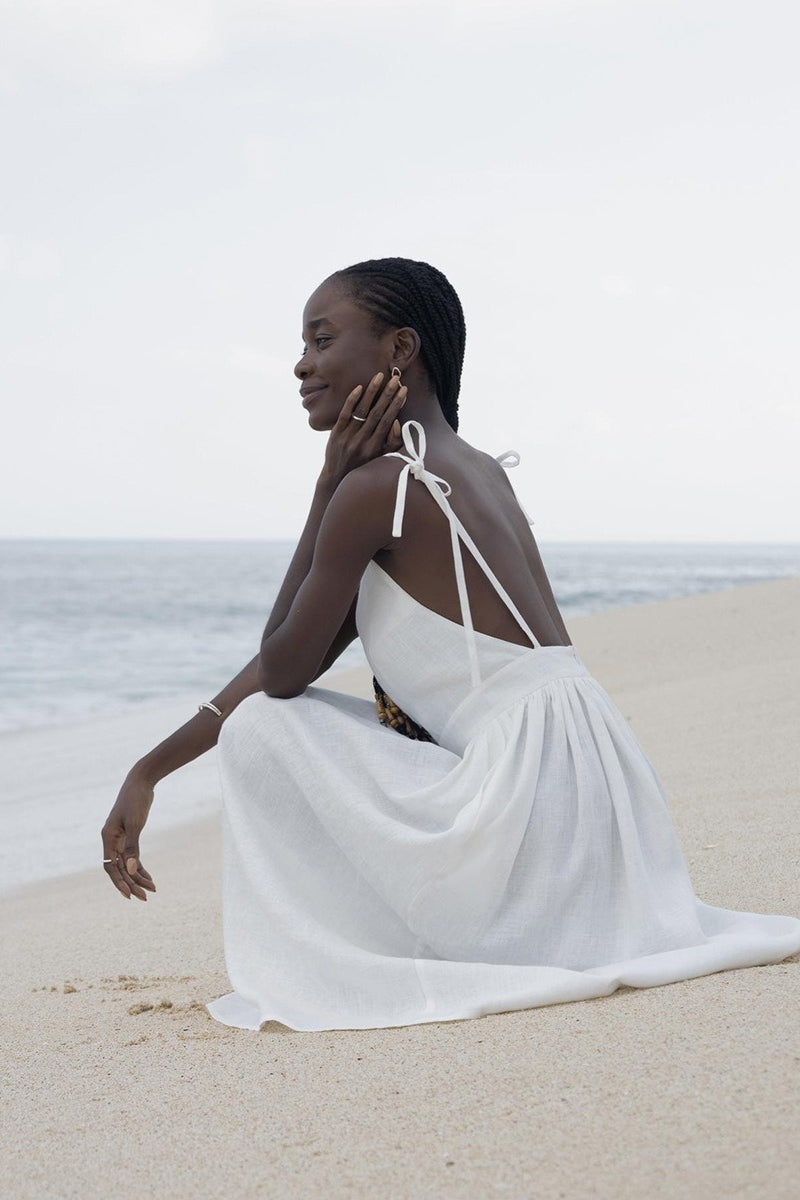 Cotton V Neck Spaghetti Strap Elegant Tie Backless Midi Dress