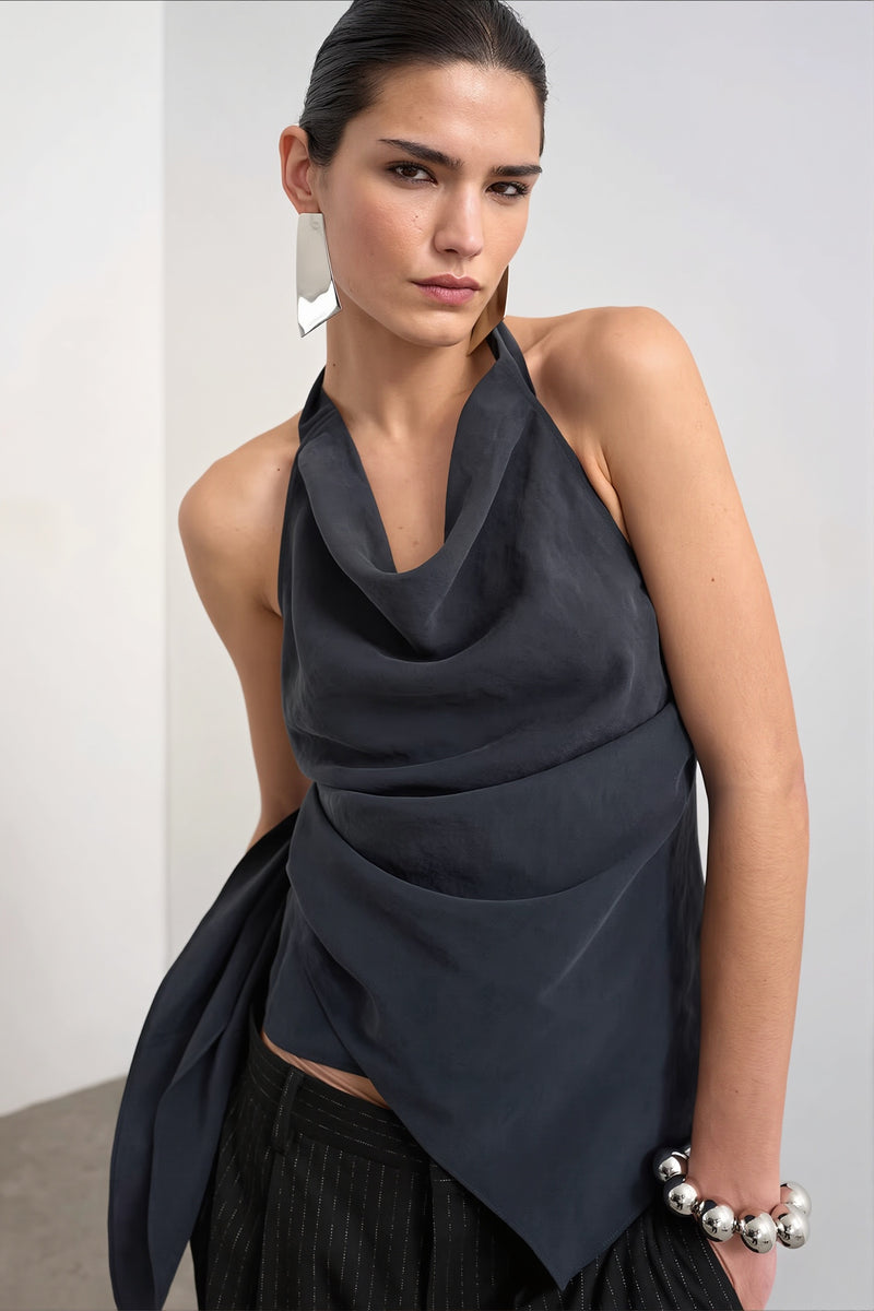 Cowl Neck Backless Asym Draped Halter Top