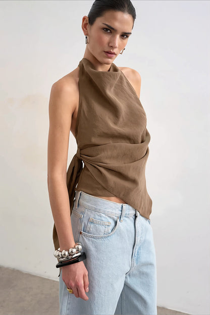 Cowl Neck Backless Asym Draped Halter Top