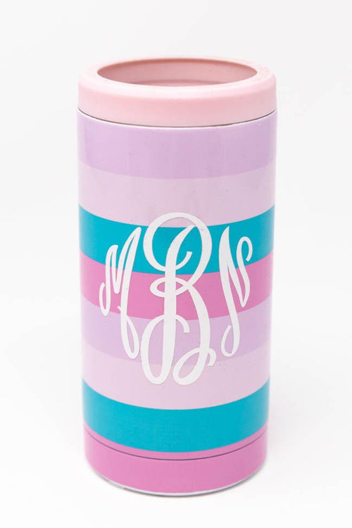 Create Your Own Sunshine 12oz Monogram Pink Stripe Can Cooler