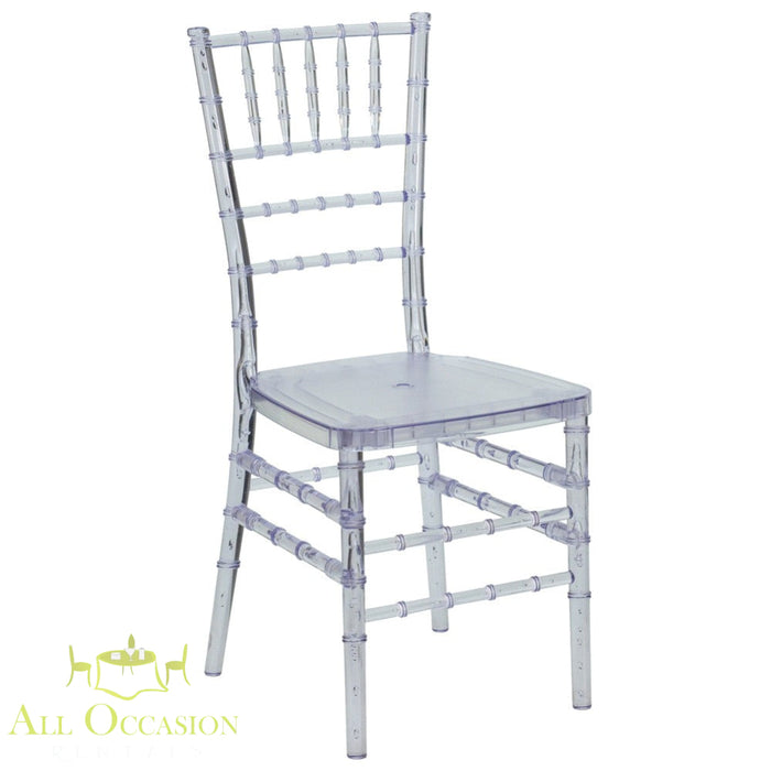 Crystal Clear Chiavari Chair rental for elegant events by All Occasion Rentals in Corona, ideal for weddings and gatherings.