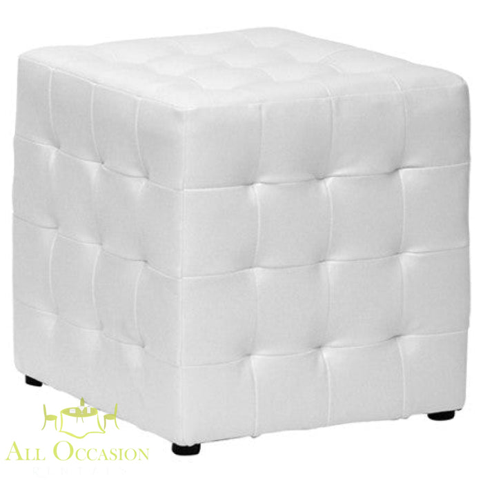 Cube ottoman in white faux leather, perfect for events and rentals in Corona, CA.