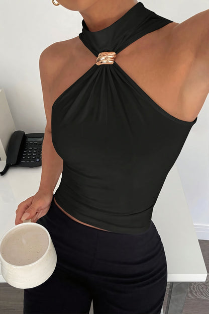 Cut Out Shoulder High Neck Stretch Tank Top