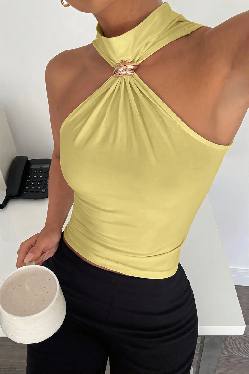 Cut Out Shoulder High Neck Stretch Tank Top