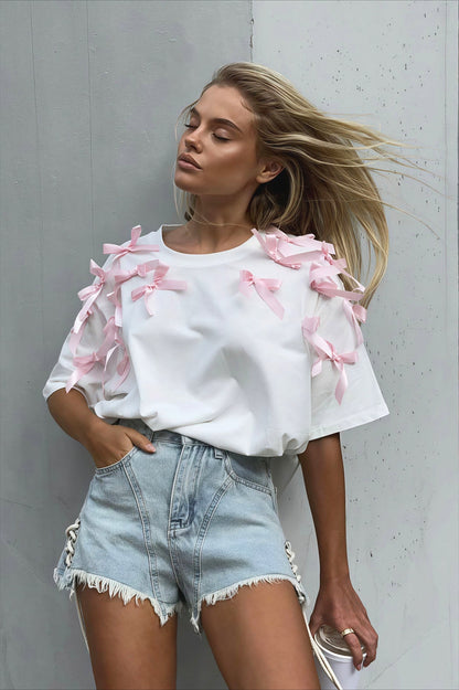 Cute Bowknot Ribbon Loose Short Sleeve T-shirt