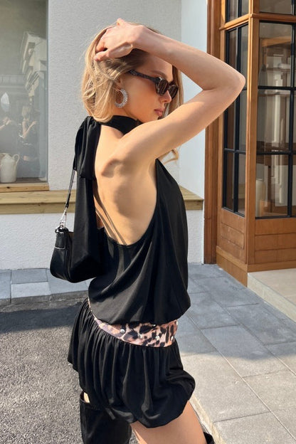 Cutout Back Halter Waist Tulip Hem Mini Dress