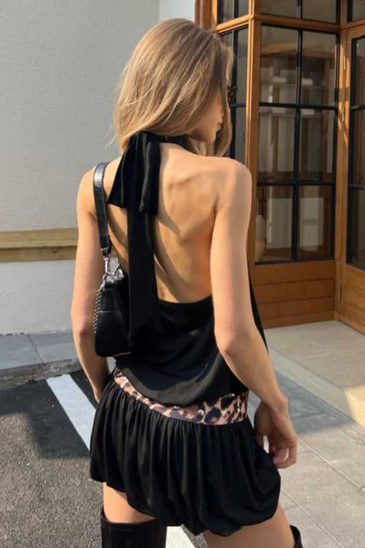 Cutout Back Halter Waist Tulip Hem Mini Dress