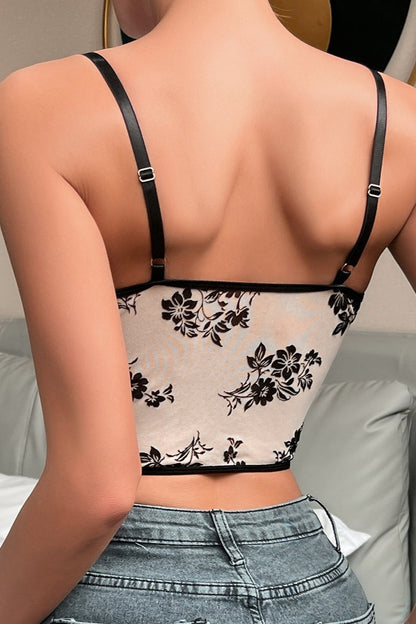 Deep V Corset Boned Velvet Floral Cami Top