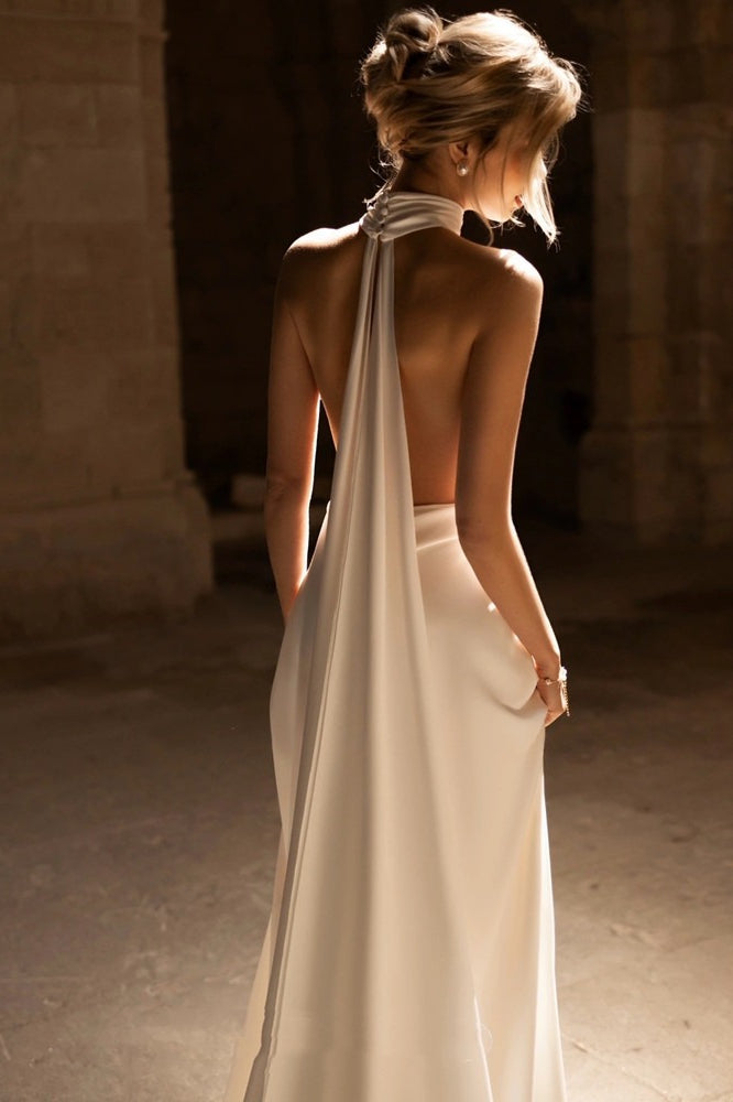 Deep V Halter Minimalist Train Reception Dress
