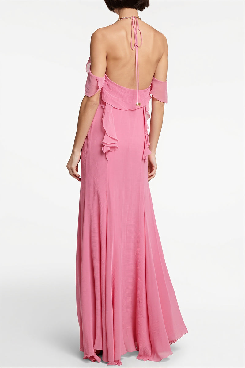 Deep V Halter Pink Ruffle Maxi Dress