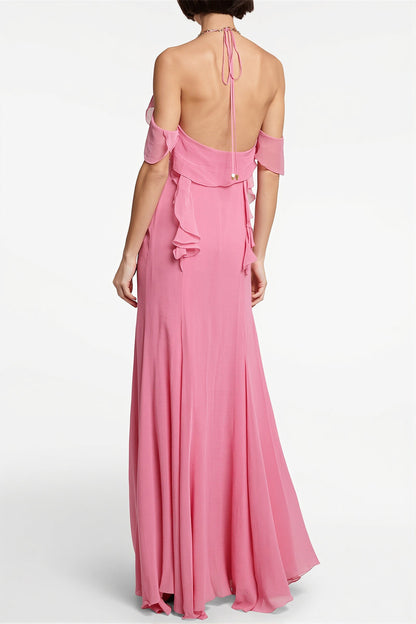 Deep V Halter Pink Ruffle Maxi Dress