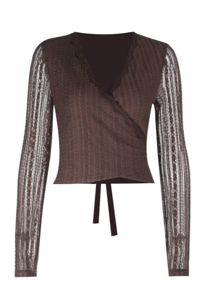 Deep V Lace Tie Waist Fitted Blouse