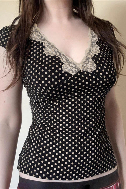 Deep V Neck Polka Dot Lace Blouse