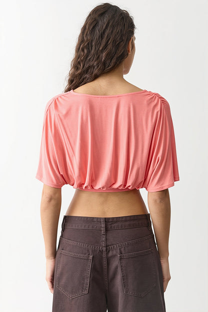 Deep V Ruched Batwing Cropped Blouse