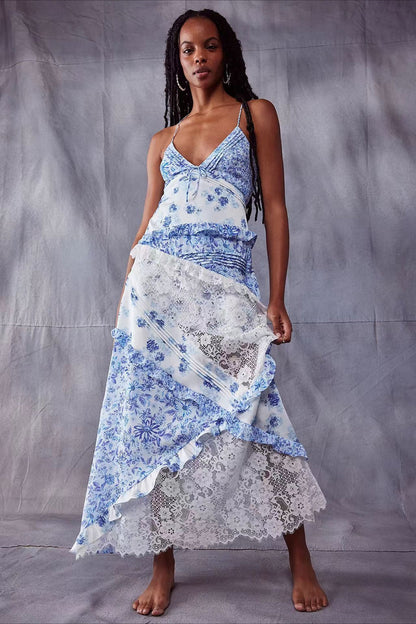 Deep V Ruffle Floral Lace Patchwork Cami Maxi Dress