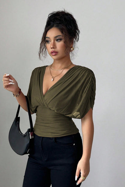 Deep V Tie Back Short Sleeve T-shirt