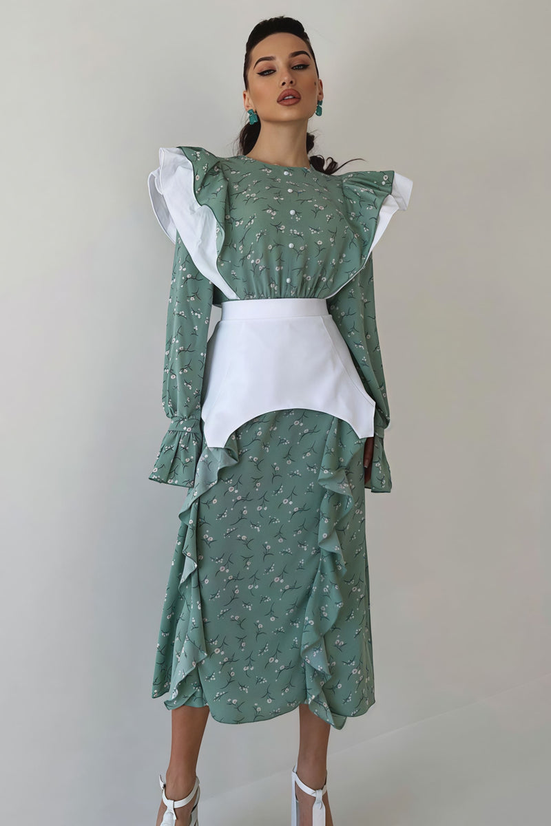 Detachable Waistband Long Sleeve Floral Skirt Set