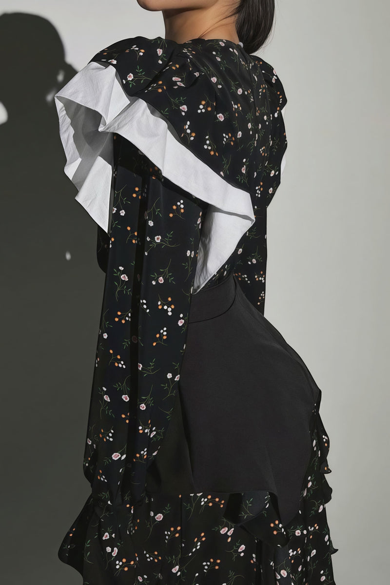 Detachable Waistband Long Sleeve Floral Skirt Set