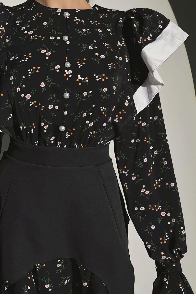 Detachable Waistband Long Sleeve Floral Skirt Set