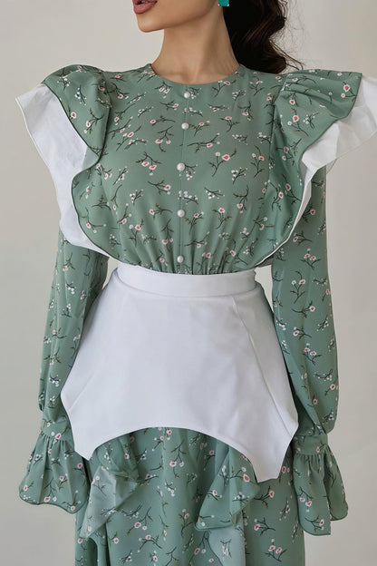 Detachable Waistband Long Sleeve Floral Skirt Set