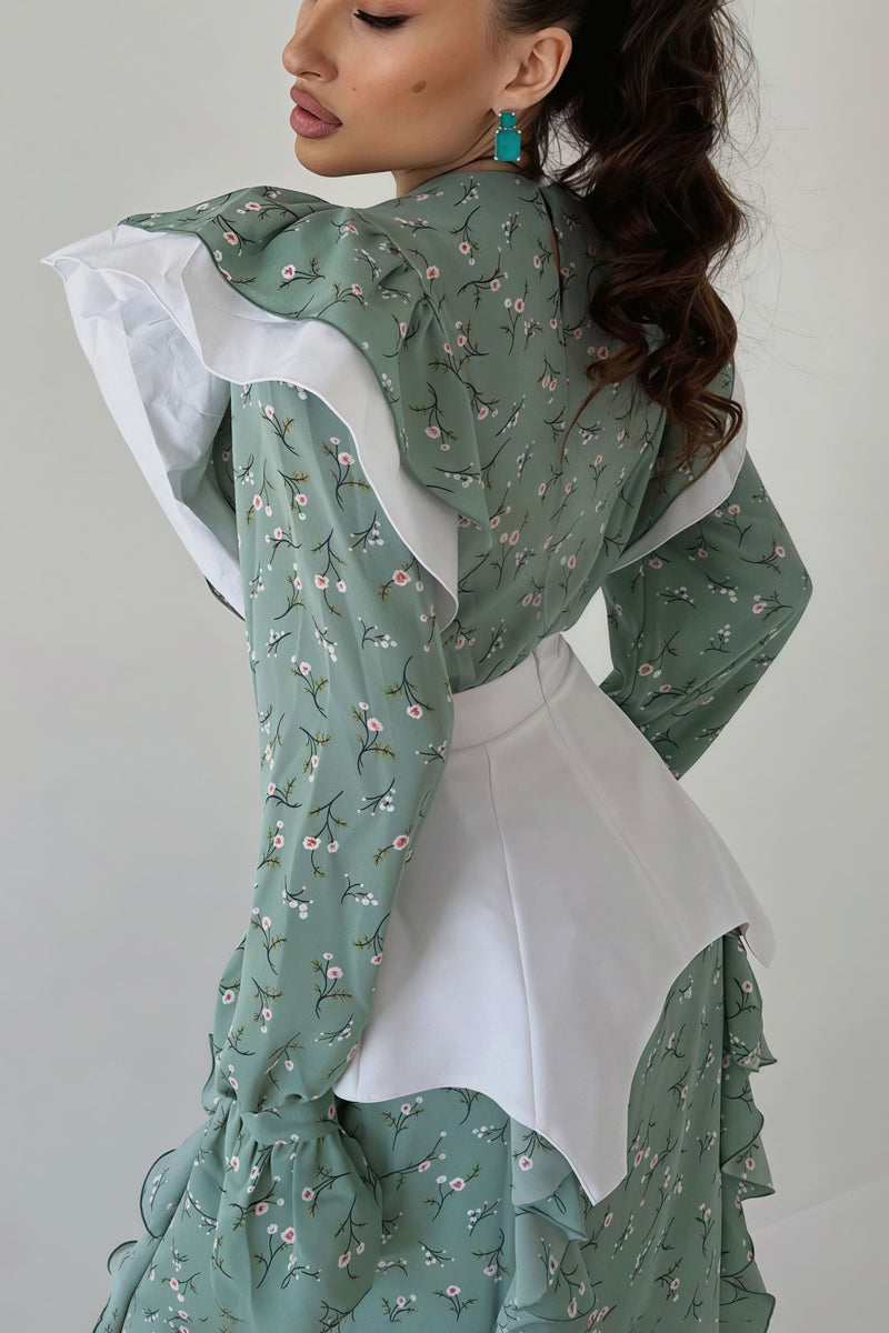 Detachable Waistband Long Sleeve Floral Skirt Set