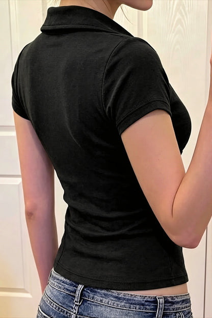 Double Button V Neck Fitted Blouse