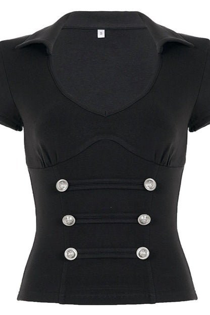 Double Button V Neck Fitted Blouse