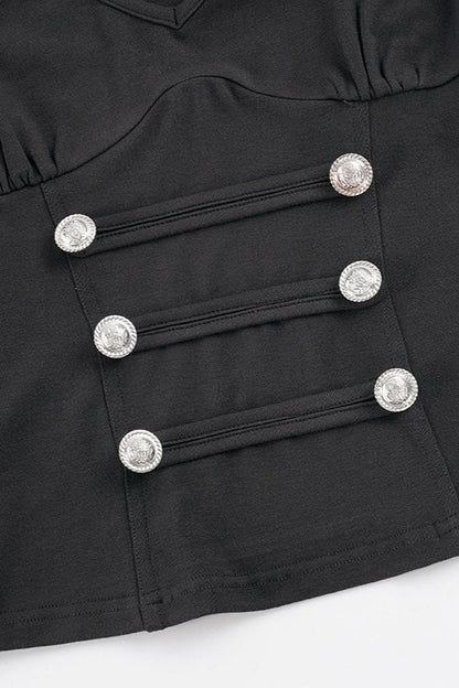 Double Button V Neck Fitted Blouse