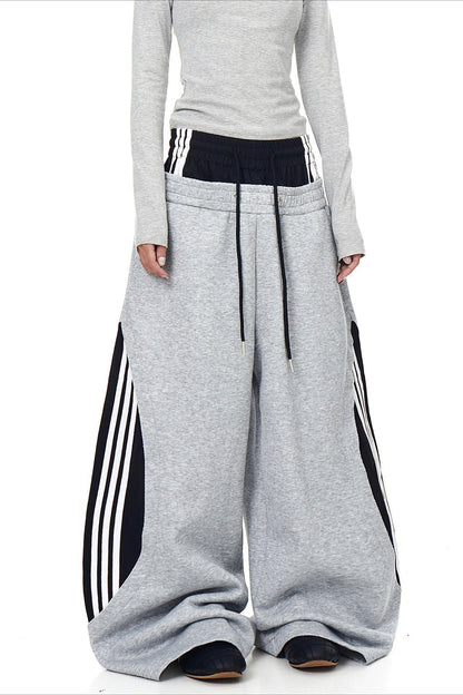 Double Waist Drawstring Stripe Pants