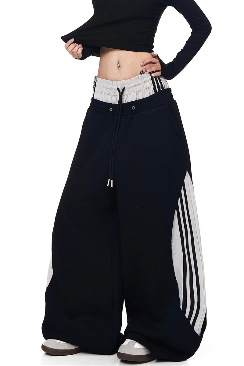 Double Waist Drawstring Stripe Pants