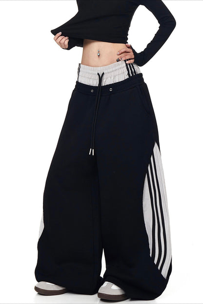 Double Waist Drawstring Stripe Pants